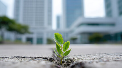 Green plant leaf sprout concrete urban growth nature city resilience hope. small green plant sprout emerges from crack concrete symbolizing resilience hope urban city environment