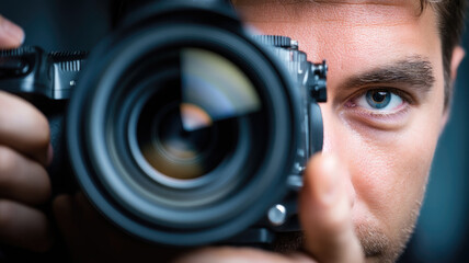 Close up of male filmmaker eye looking through camera lens, focusing intently, sharp detail dramatic lighting, capturing creativity concentration