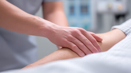 Nurse hand gently squeezing patient arm comforting touch hospital care support compassion medical healthcare closeup human connection trust