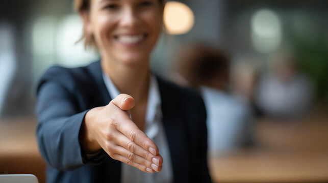 Midsection close up of female professional extending hand for handshake and welcoming businessman during business meeting in office business greeting gesture professional welcome