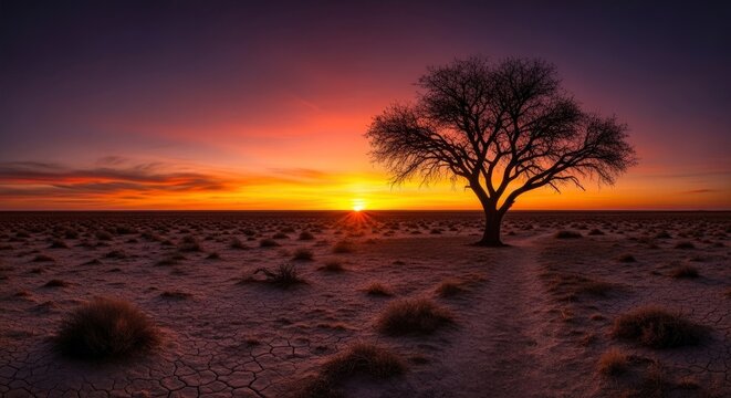 A solitary tree stands silhouetted against a vibrant, dramatic sunset over a vast, cracked desert landscape. - Powered by Adobe