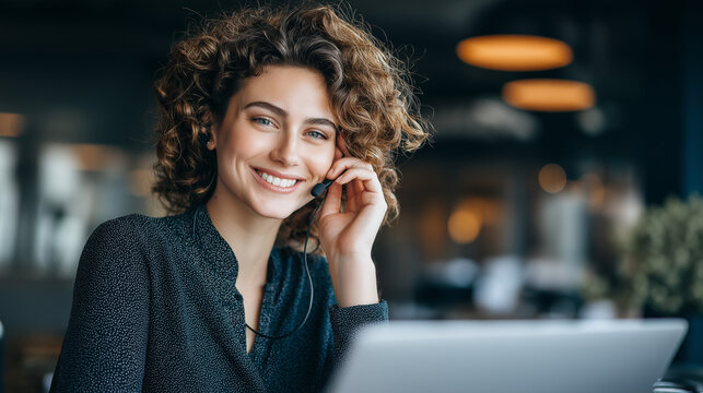 Cheerful smiling female professional reviewing business strategies on laptop during video conference call in modern office video call meeting remote meeting participation