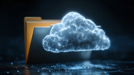 Futuristic concept of cloud computing with a glowing digital cloud in front of a folder.