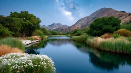 Fototapeta premium Calm lake reflecting starry night sky and mountains