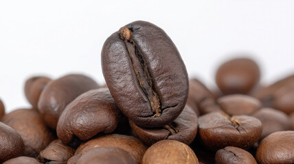 Single roasted coffee bean macro brown color smooth texture aromatic caffeine closeup isolated food ingredient natural energy morning freshness stimulating gourmet focus