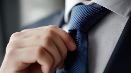 Man adjusting blue silk tie close up business attire formal suit white shirt professional confident elegant morning routine preparation work success