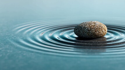 Serene pebble creating gentle ripples on tranquil water surface, evoking peace and mindfulness in a calm, minimalist composition perfect for wellness and spa themes.
