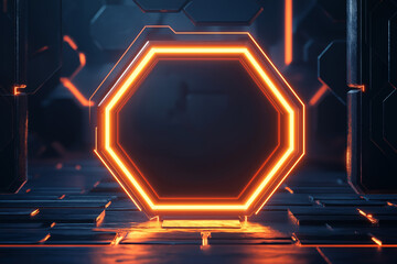 Futuristic Glowing Hexagonal Frame with Neon Light and Dark Sci-Fi Background