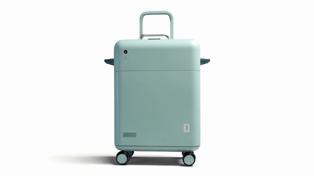 Mint-green hard-shell rolling suitcase with a retractable handle and spinner wheels.