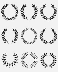 Set of wreaths and branches with leaves. Hand drawing laurel wreaths and branches collection. Laurels wreaths, swirls, twigs and flower ornaments .Black Laurel Wreath Vector Graphic on White Backgroug