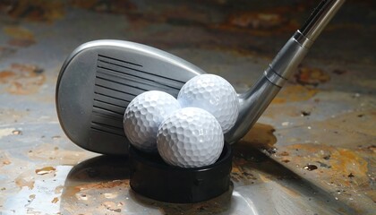 Golf club resting on a table with three golf balls, perfect for sports.