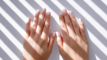 Hands pastel pink manicure rest white surface, sunlight streaming through blinds creates striped shadow pattern, evoking calm minimalistic beauty