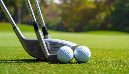 Golf Clubs and Balls on Green Grass in a Sunny Golf Course Setting