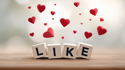 LIKE wooden block heart red love symbol positive appreciation cheerful romantic floating background concept happiness emotion valentine affection joy message communication