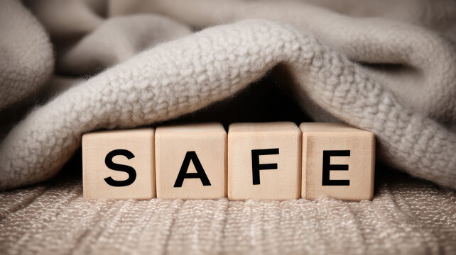 SAFE spelled wooden block cozy wool blanket soft texture warm neutral color comfort security relaxation home peaceful inviting calm feeling