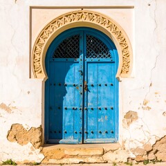 Ornate Blue Arched Door in a Weathered White Wall
