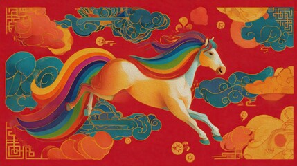 Fototapeta premium A majestic unicorn with a flowing rainbow mane jumps gracefully among stylized clouds against a rich red backdrop, showcasing delightful artistry and bright colors.