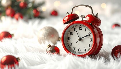 Red Alarm Clock Displaying Ten O Clock Surrounded by Christmas Balls and Pine Tree Leaves on White Fluffy Fur Surface for Holiday Theme