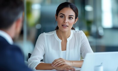 Fototapeta premium Professional Woman Engaged in Business Meeting at Modern Office with Laptop and Colleague