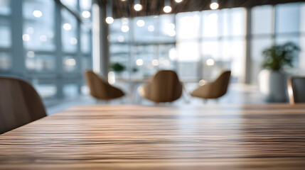 Blurred Modern Office Interior with Wooden Table, Chairs, and Natural Light, Ideal for Backgrounds and Mockups, Workspace Concept