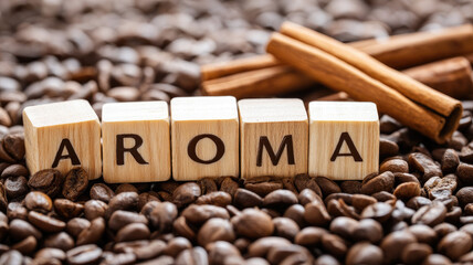 Aroma coffee bean wooden block cinnamon stick brown roasted closeup natural fragrant delicious concept of morning energy relaxation