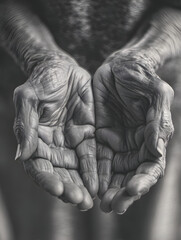 Detailed Close-Up of Elderly Hands in a Cupped Position, Expressing Vulnerability, Care, and the Passage of Time in a Striking Black and White Image