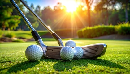 Golf clubs and balls on the green with bright sunlight in the background