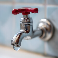 Close-up of a Shiny Chrome Faucet with a Red Handle and a Single Water Drop, Against a Soft Blue Tiled Wall, Emphasizing Cleanliness and Water Conservation