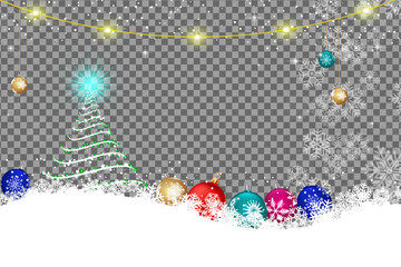 White Christmas tree shines brilliantly beside snowflakes and colorful ornaments against transparent background