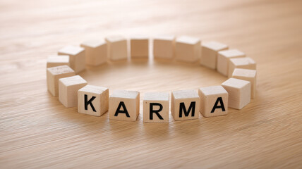 Karma wooden block letter concept arranged circle light wood table positive energy mindfulness balance peaceful motivational inspirational calm zen