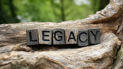 Legacy wooden block letter rustic wood texture nature background outdoor vintage style inspirational motivational positive peaceful tranquil natural environment green foliage