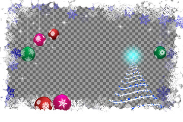 Christmas snowflake frame features ornaments and a tree with a transparent background, ready for your creations