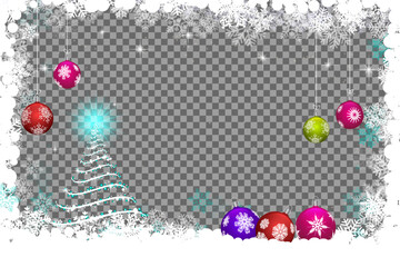 Colorful baubles and radiant tree reside in snowy frame with transparent backdrop elegantly