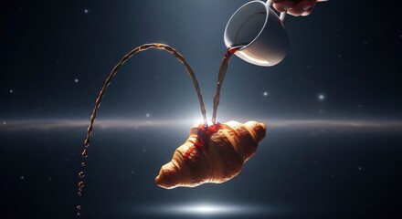 Surreal coffee pour onto a golden croissant against a dark, cosmic background. Artistic breakfast concept with dynamic l...