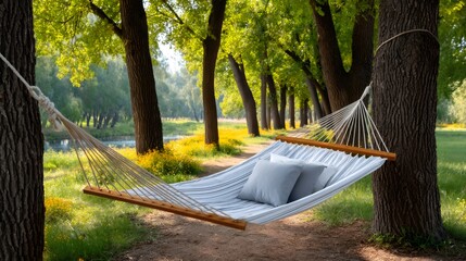Hammock hanging between trees, awaiting summer relaxation