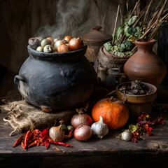 Rustic Still Life with Steaming Pot of Vegetables, Pumpkin, Garlic, Onions, and Dried Herbs on a Dark Wooden Table, Evoking a Sense of Autumn Harvest