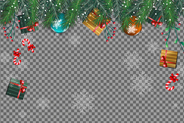 Festive fir branches hold ornaments and gifts, framed by snowflakes on a transparent background