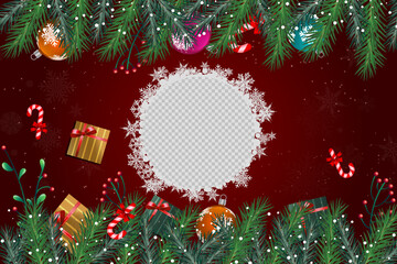 Christmas ornament decorations surround a circular snowflake frame on a dark red background; it is transparent