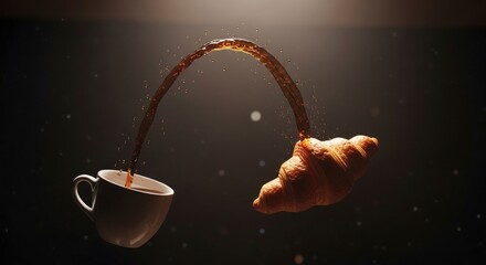 Dynamic coffee stream arcs from a white cup to a golden croissant, symbolizing a creative breakfast concept with splashes.