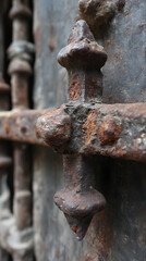 Close-up of Heavily Rusted and Weathered Metal Gate with Ornate Design, Showing Texture and Decay, Evoking History and Industrial Aesthetic