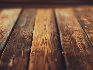 Rustic Wooden Planks Background with Shallow Depth of Field, Warm Brown Tones, and Visible Wood Grain Texture for Authentic and Natural Design Elements