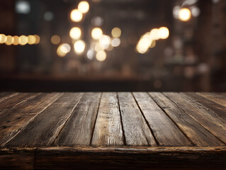 Rustic Wooden Tabletop with Blurred Bokeh Lights Background, Perfect for Product Mockups, Food Photography, or Backgrounds for Graphic Design Projects