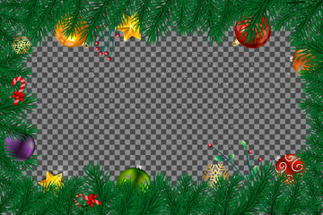Festive Christmas ornaments and fir tree branches create a border on a transparent background