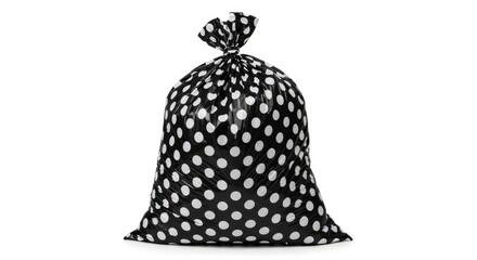 Full black garbage bag with white polka dots, tied at the top, isolated on a clean white background. Waste management co...