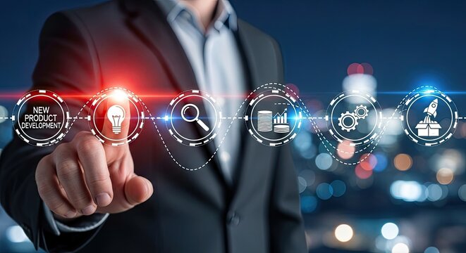 Businessman pressing lightbulb icon with new product development symbols