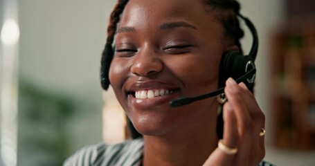 Face, call center agent and black woman with remote work, technical support or help desk. Freelancer, headset and portrait of happy consultant for IT assistance, customer service or bokeh in home - Powered by Adobe