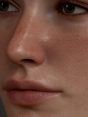 Close-up Portrait of a Woman's Face with Freckles, Showing Natural Skin Texture, Eye Detail, and Soft Lips, Emphasizing Beauty and Authenticity