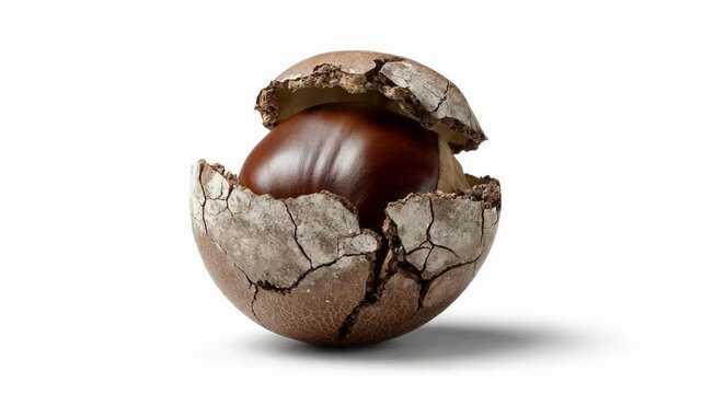 A glossy brown nut emerging from a cracked brown shell.