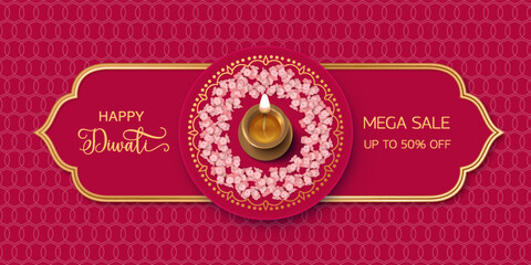 Obraz na płótnie Canvas Horizontal Diwali holiday sale banner with gold frame in ethnic style, rangoli mandala with pink flowers and oil lamp
