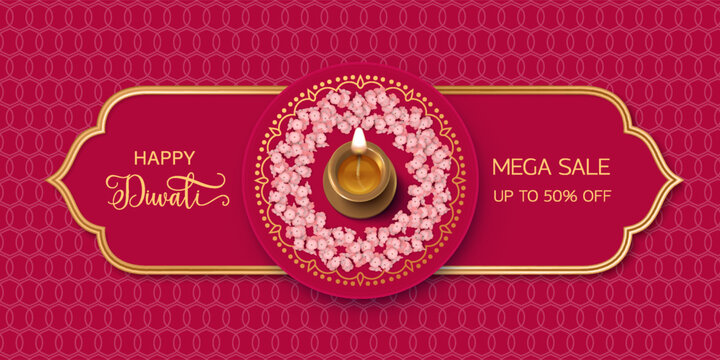 Horizontal Diwali holiday sale banner with gold frame in ethnic style, rangoli mandala with pink flowers and oil lamp